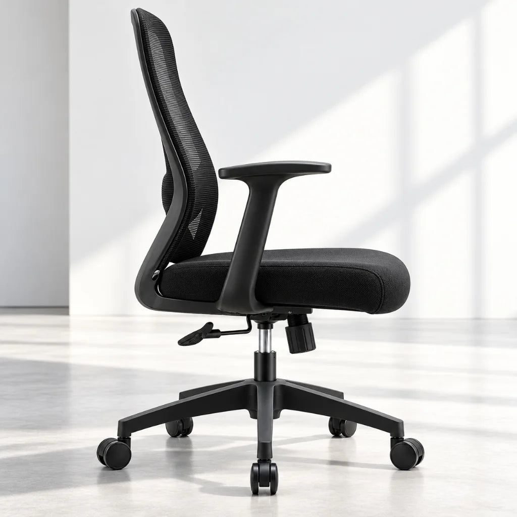 Ergonivo ergonomische bureaustoel, zwart — mesh-rugleuning, schuimzitting en vaste armleuningen