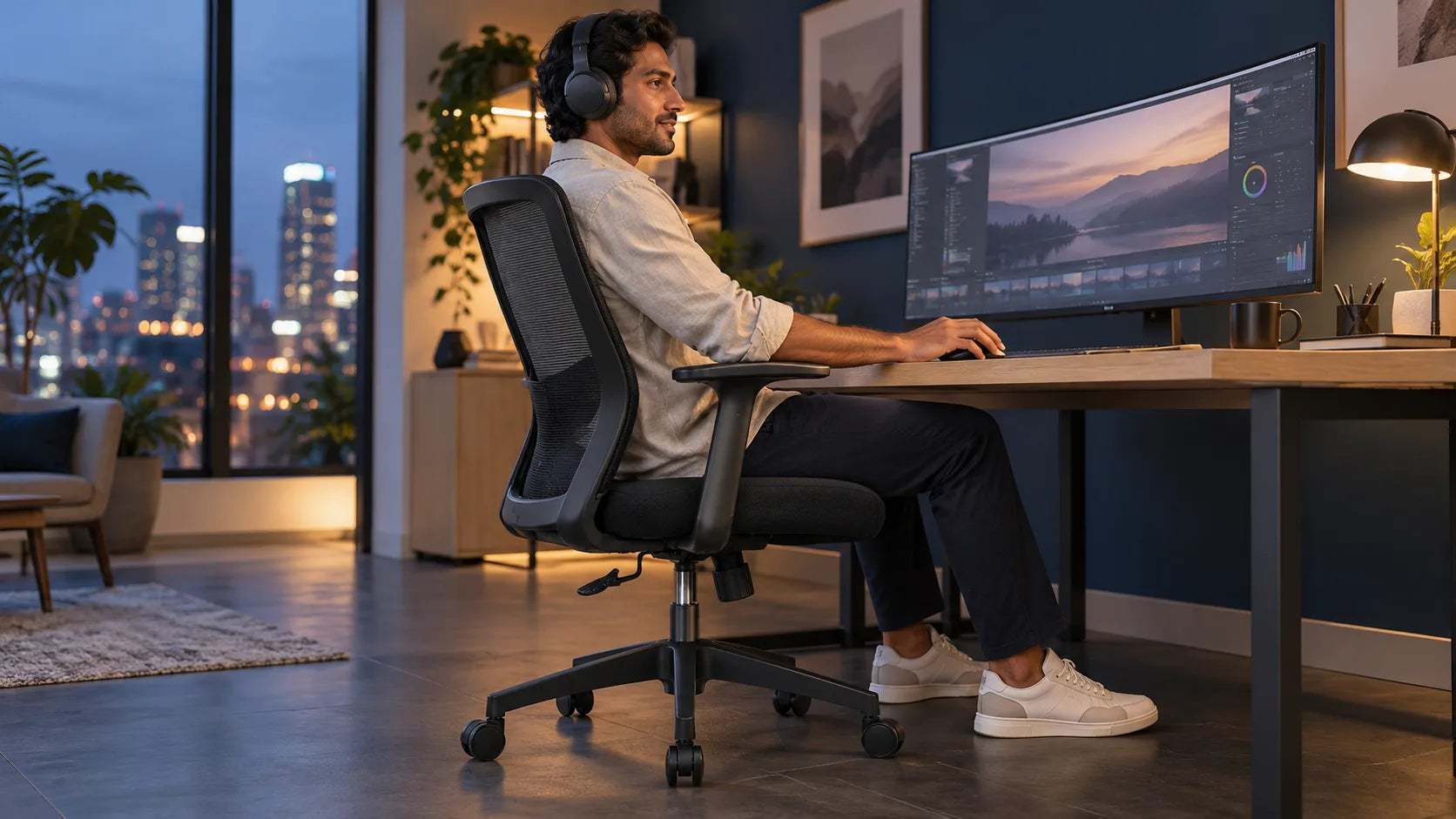 Man met koptelefoon werkt aan een scherm op de Ergonivo bureaustoel