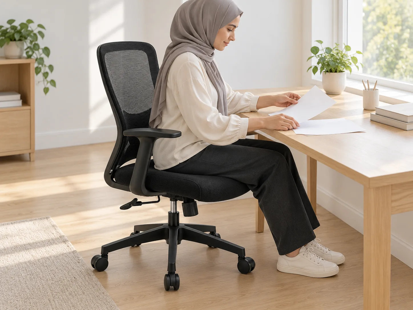 Vrouw leest papieren op de Ergonivo bureaustoel